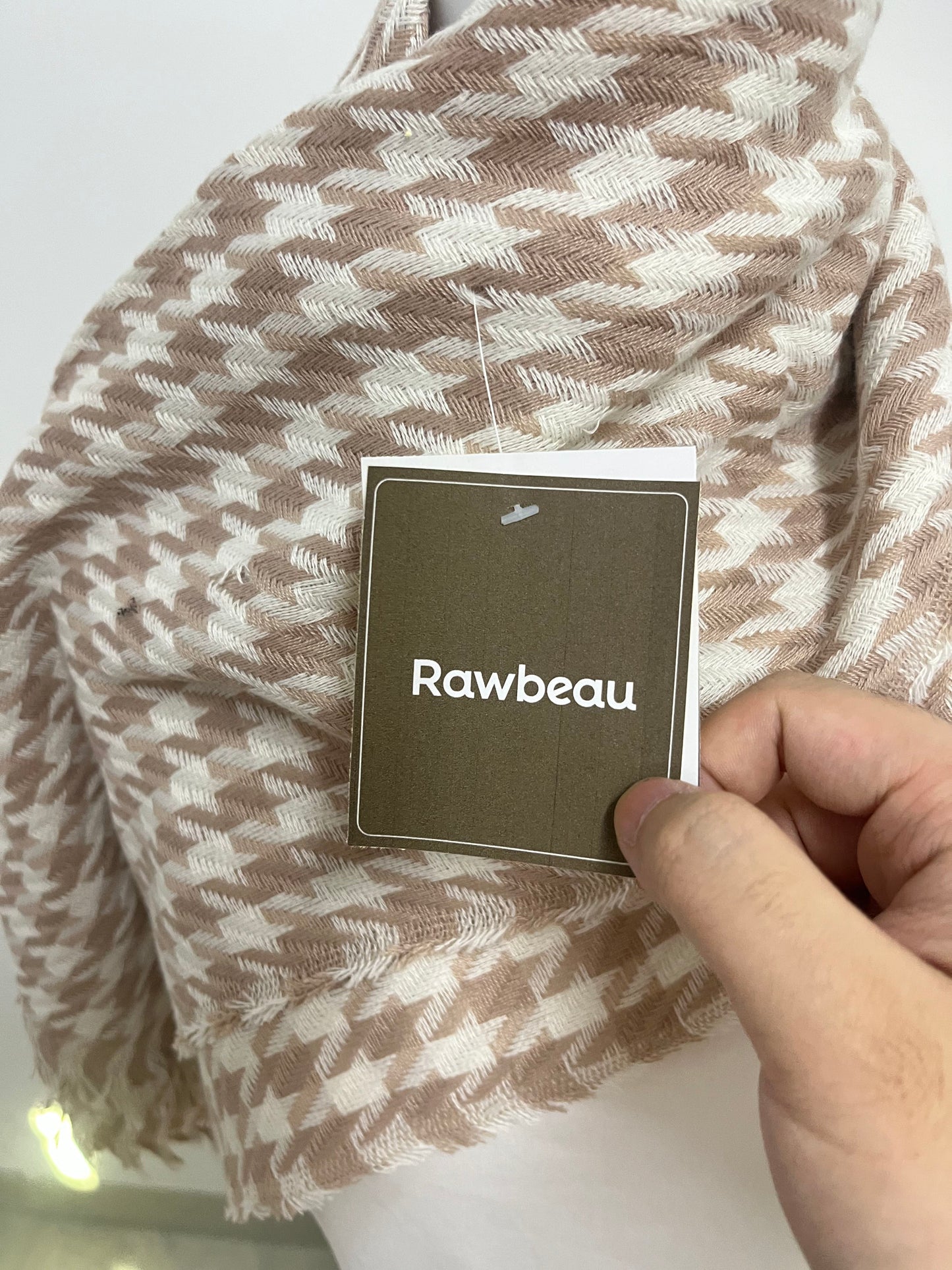 Rawbeau Scarf - Beige & White Houndstooth, Soft Textured Weave
