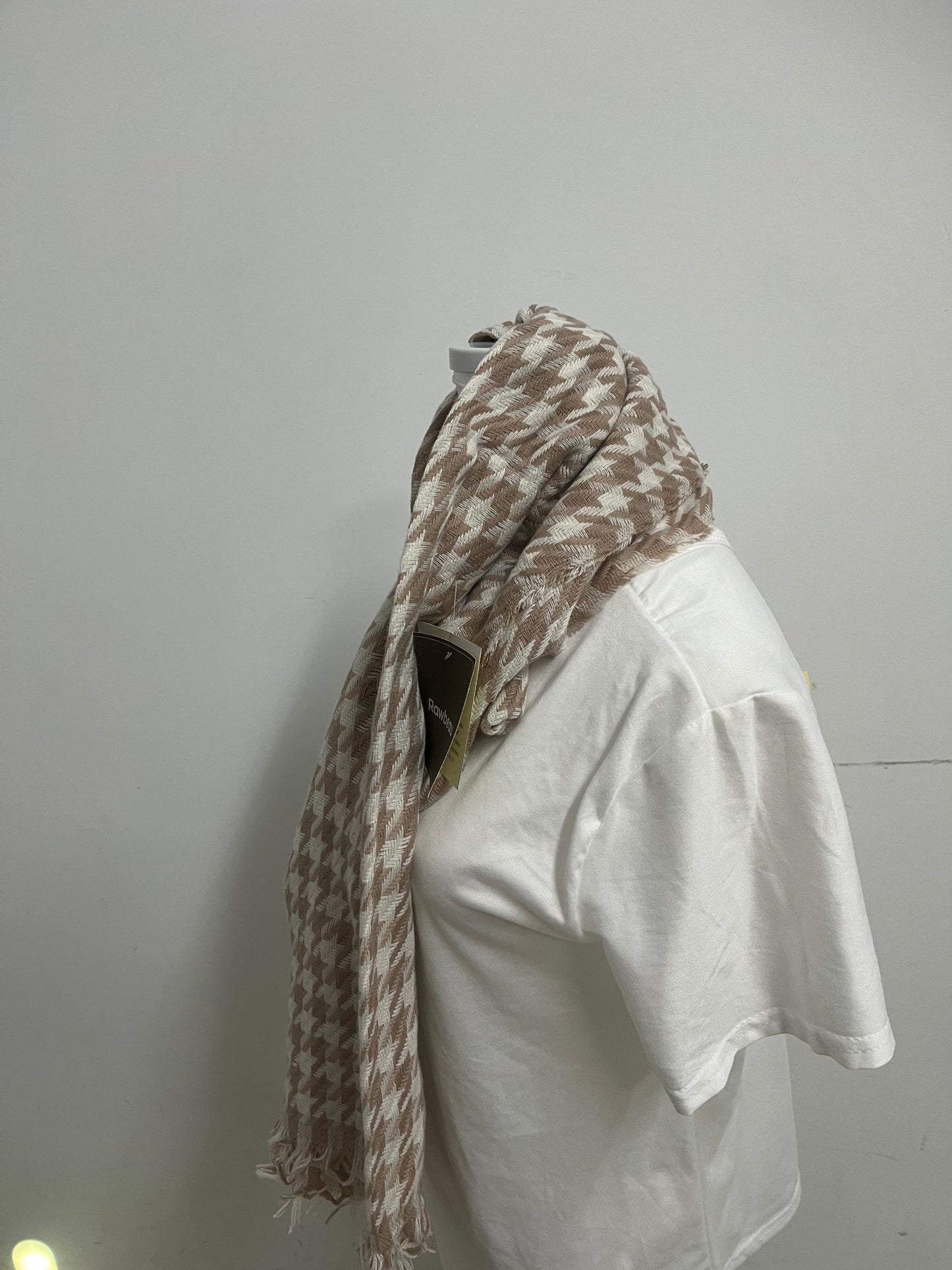 Rawbeau Scarf - Beige & White Houndstooth, Soft Textured Weave