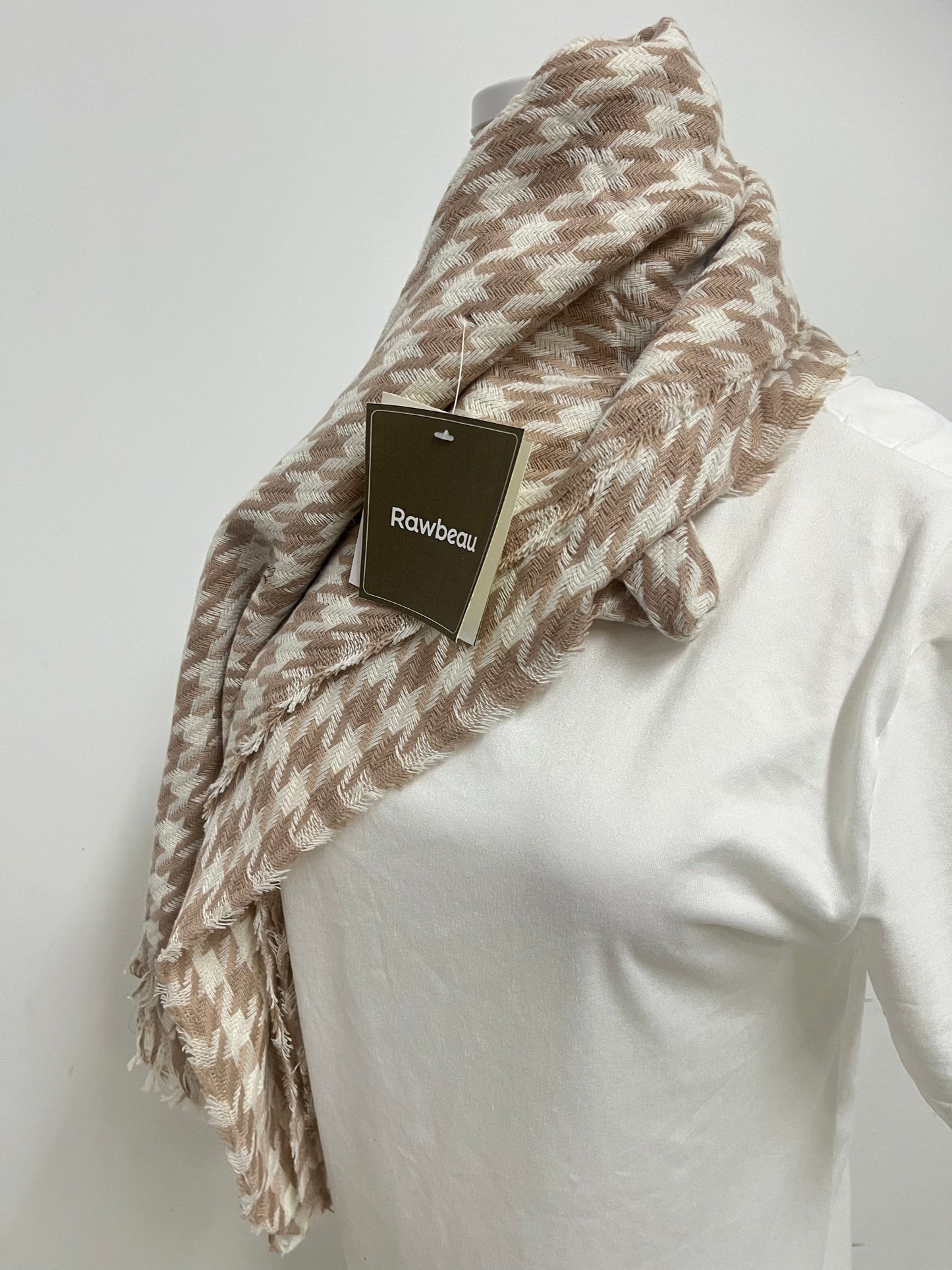 Rawbeau Scarf - Beige & White Houndstooth, Soft Textured Weave