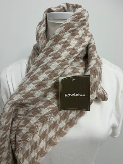 Rawbeau Scarf - Beige & White Houndstooth, Soft Textured Weave
