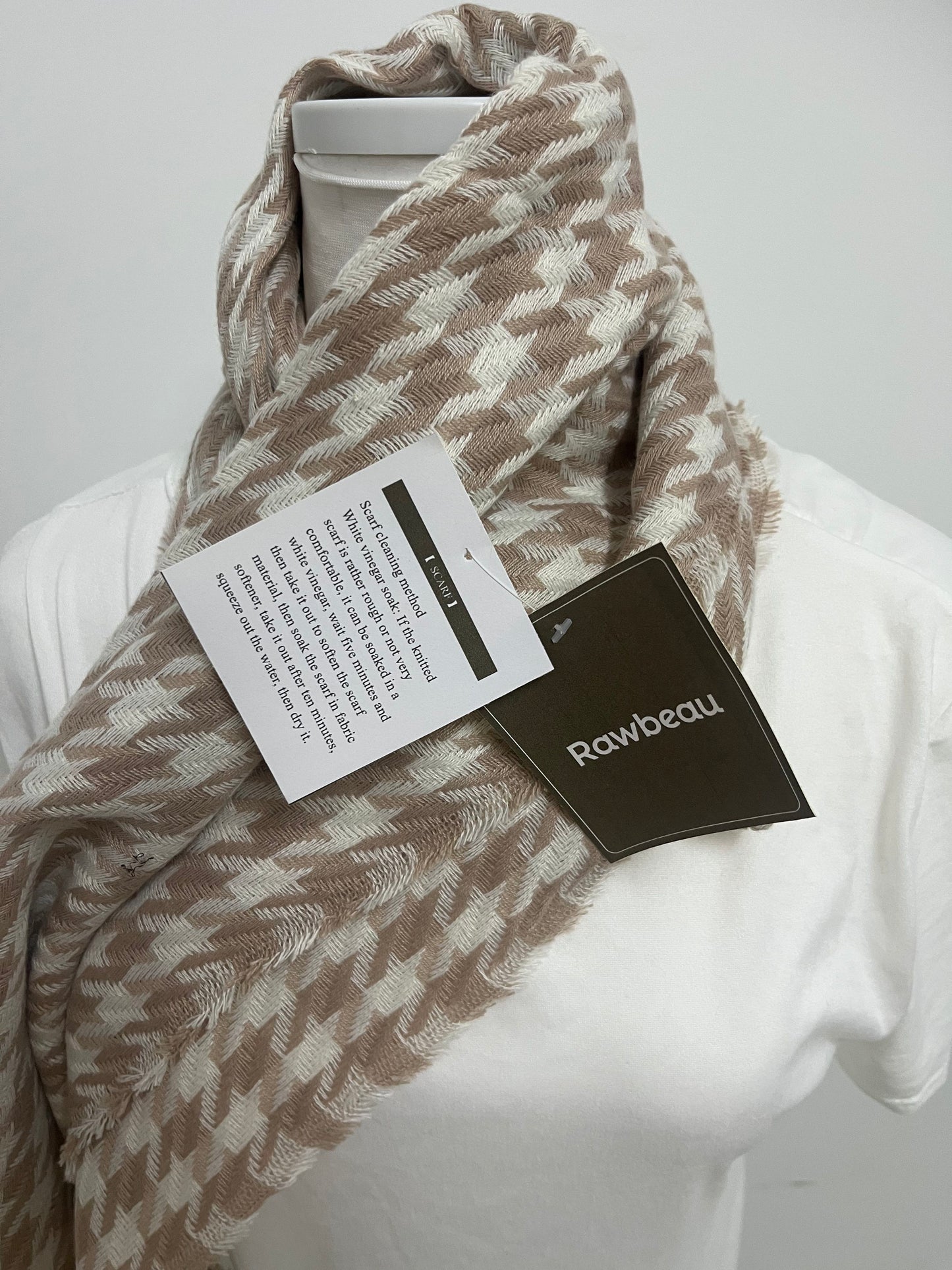 Rawbeau Scarf - Beige & White Houndstooth, Soft Textured Weave