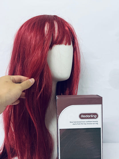 Redarling Red Wig with Bangs Long Straight Wigs for Women Red Natural Looking Hair Synthetic Heat Resistant Womens Wig for Daily Party Cosplay Use 22 Inch