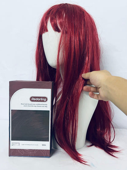 Redarling Red Wig with Bangs Long Straight Wigs for Women Red Natural Looking Hair Synthetic Heat Resistant Womens Wig for Daily Party Cosplay Use 22 Inch