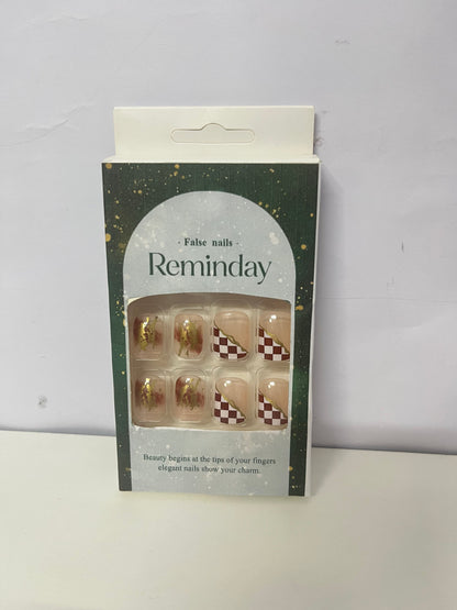 [Reminday False nails]——Reminday Retro Checkerboard Press-On Nails - Gold Foil Accent Short Square Nail Art