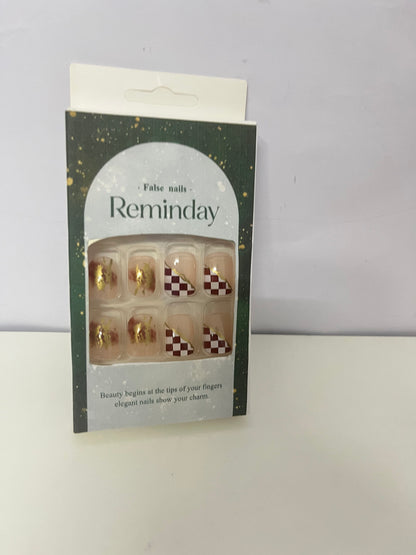 [Reminday False nails]——Reminday Retro Checkerboard Press-On Nails - Gold Foil Accent Short Square Nail Art