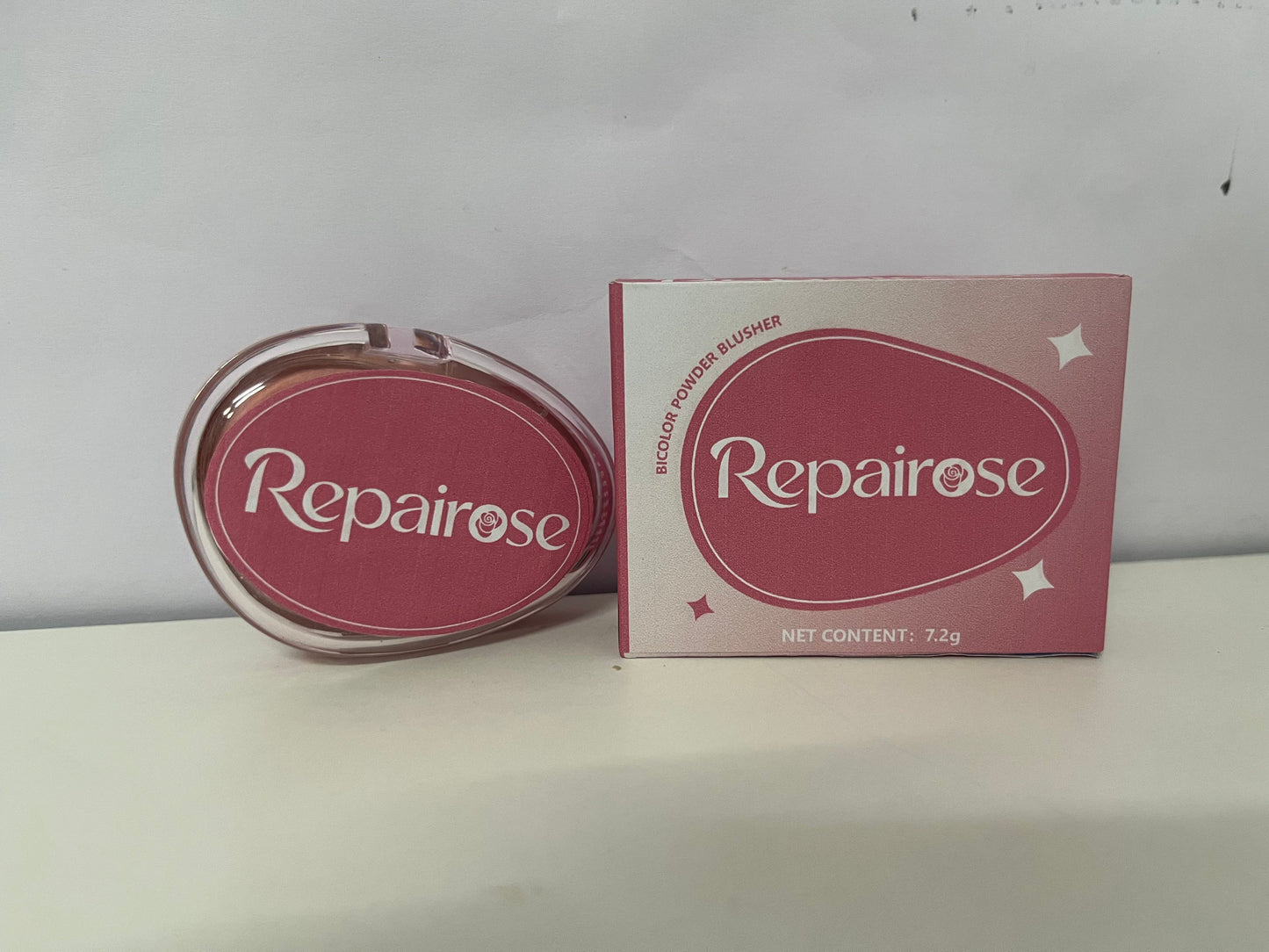 Repairose Bicolor Powder Blusher: Light Peach & Warm Orange Dual-Tone Cheek Color with Sweet Pink Gradient Packaging