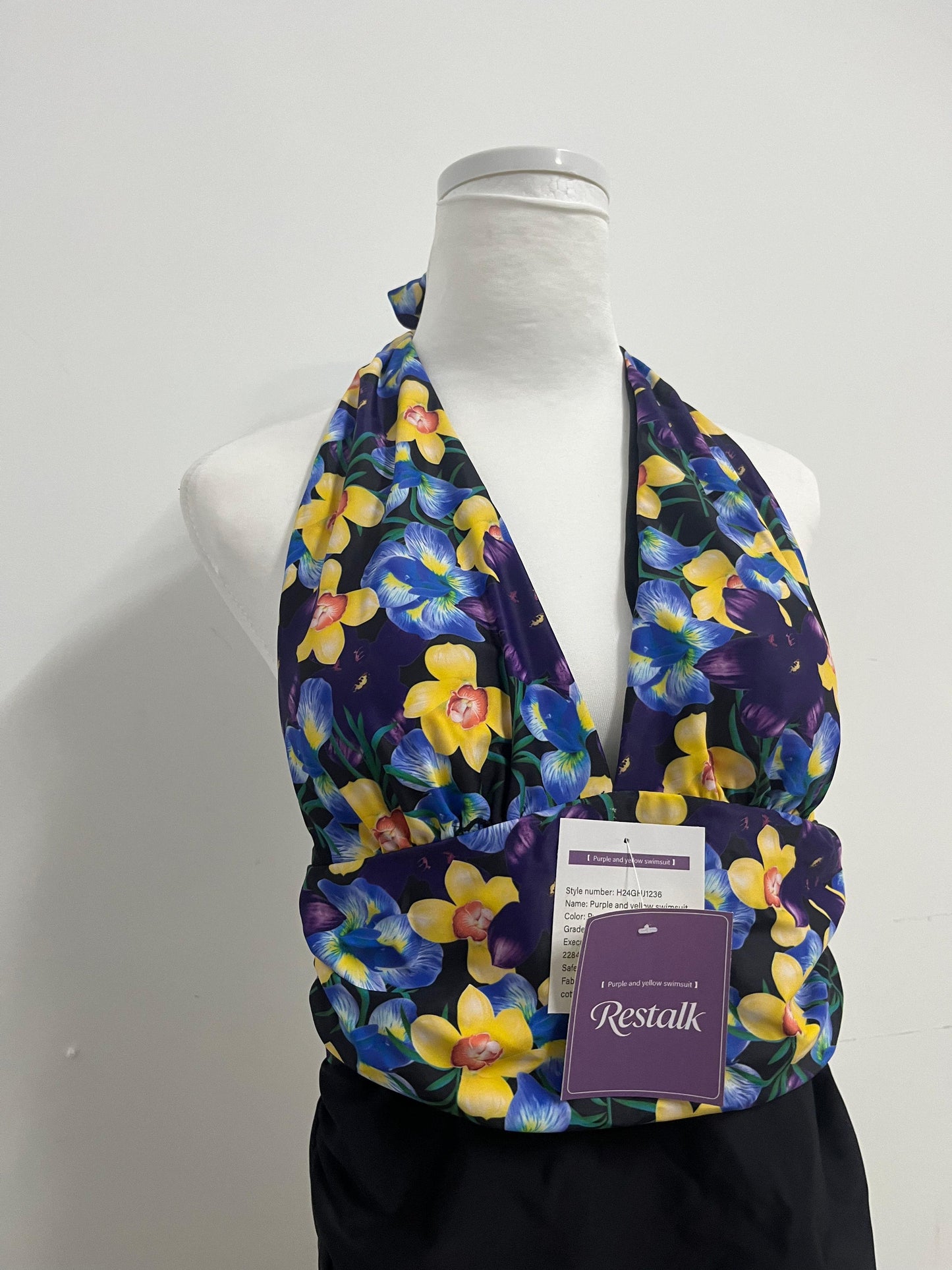 Restalk Swimsuits Purple & Yellow Floral Halter Swim Top - Dual Experience of Beach Fashion and Comfort