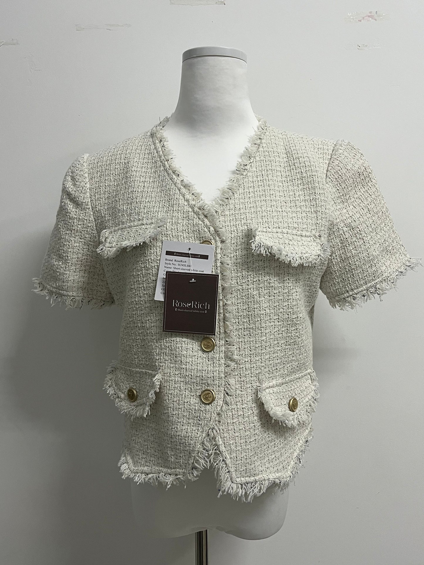 RoseRich Women's Short leeve V Neck Short Tweed Jacket