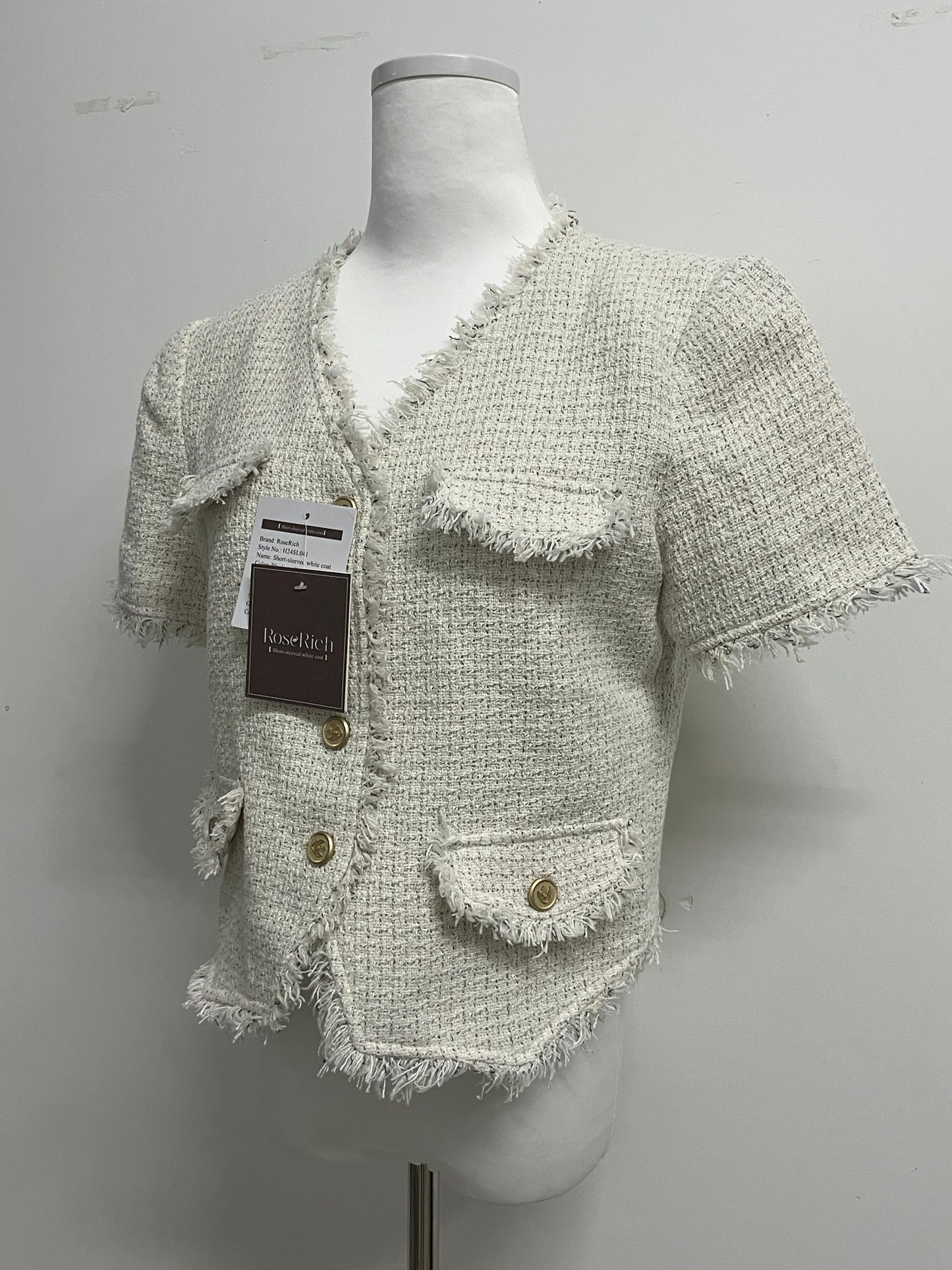 RoseRich Women's Short leeve V Neck Short Tweed Jacket