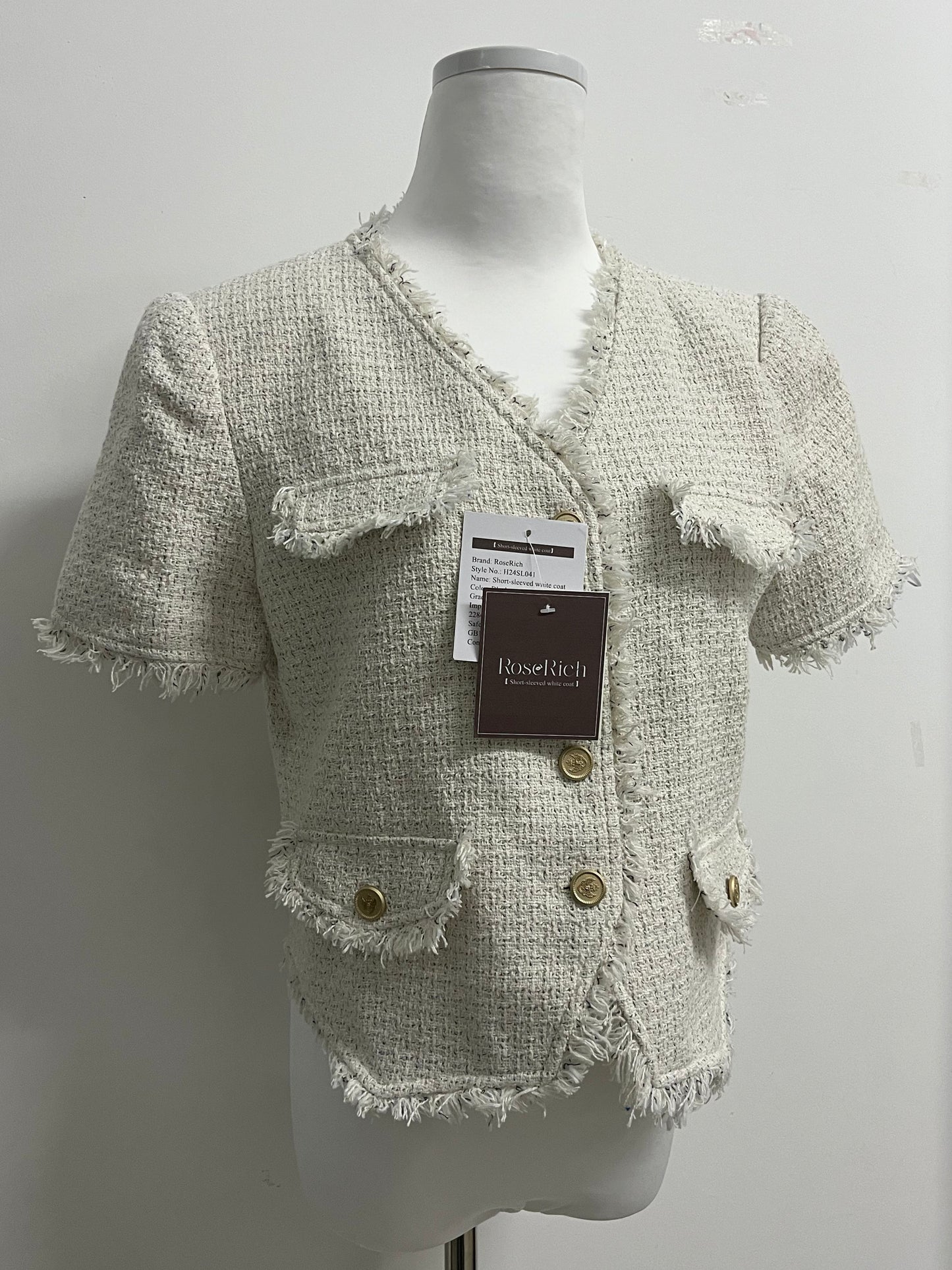 RoseRich Women's Short leeve V Neck Short Tweed Jacket