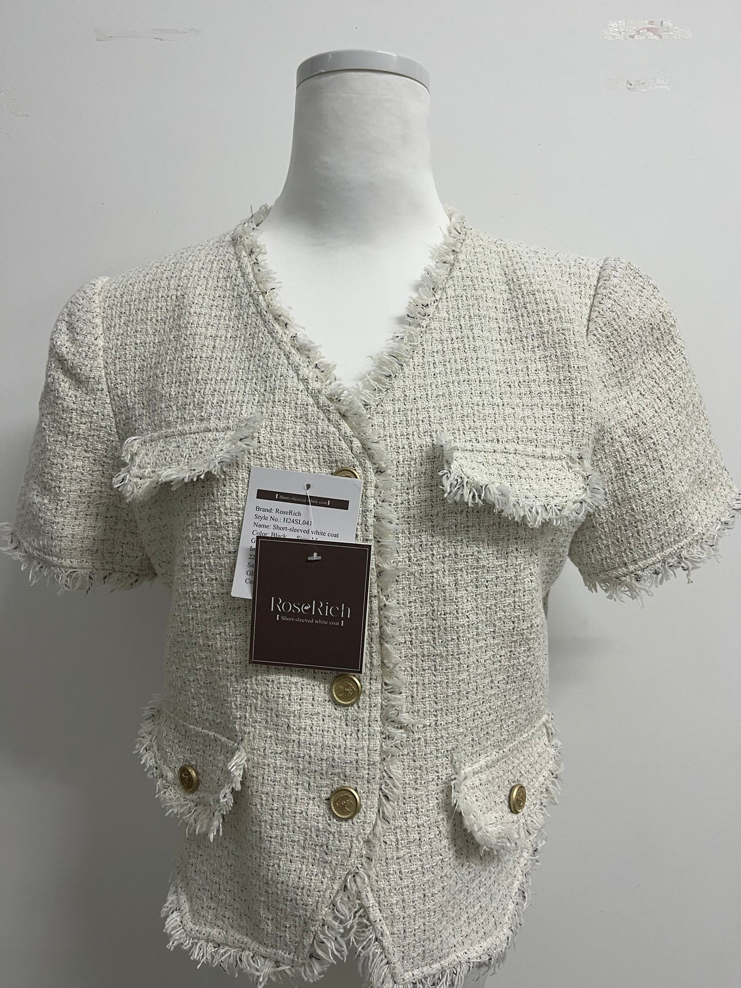RoseRich Women's Short leeve V Neck Short Tweed Jacket