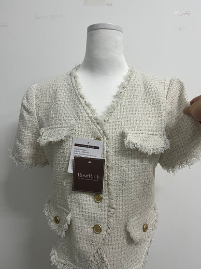 RoseRich Women's Short leeve V Neck Short Tweed Jacket