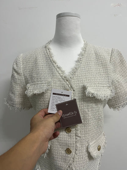 RoseRich Women's Short leeve V Neck Short Tweed Jacket