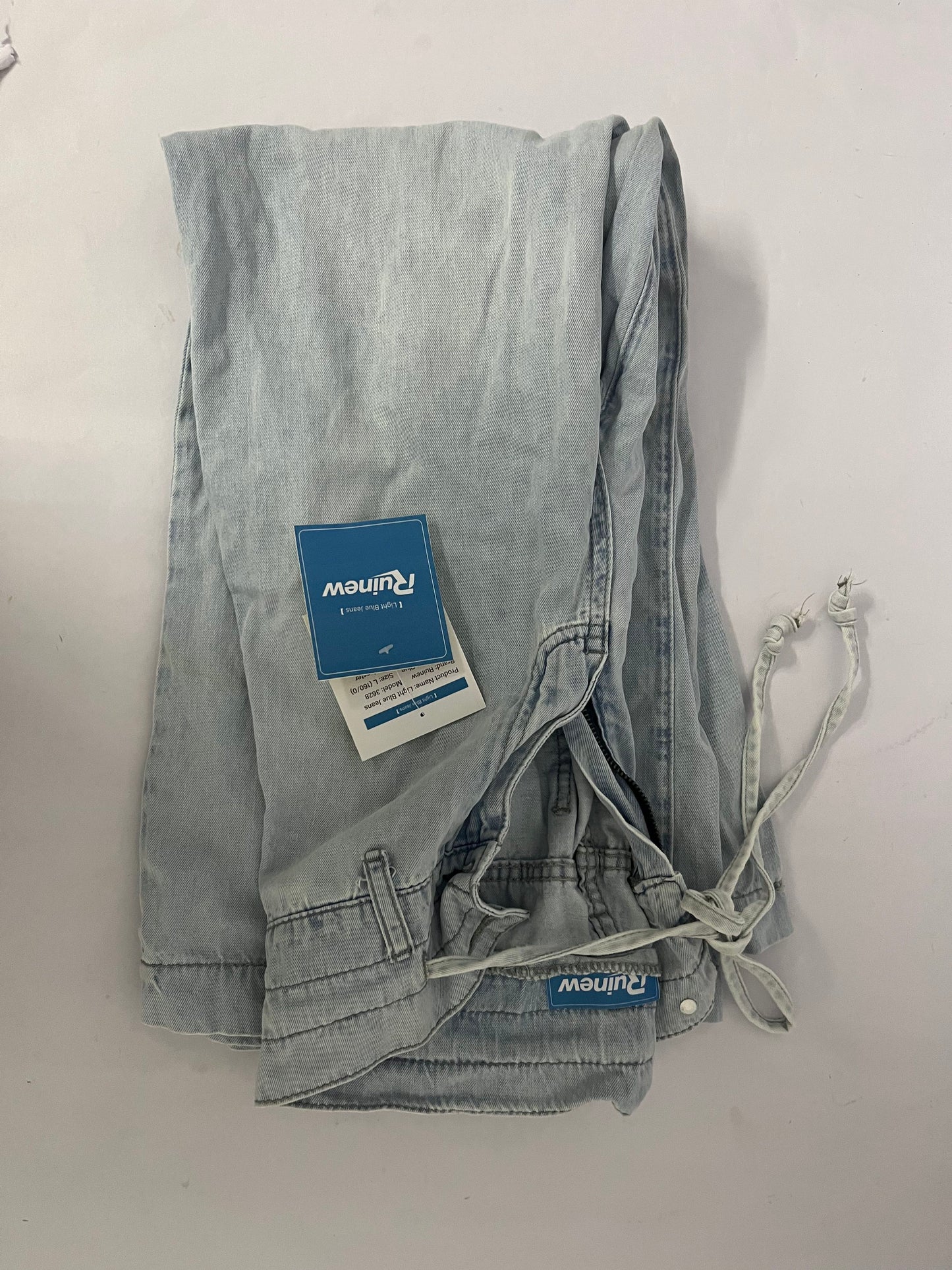 Ruinew Women’s Chic Stylish Mid Waist Wash Drawstring Stitch Detail Carrot Jeans