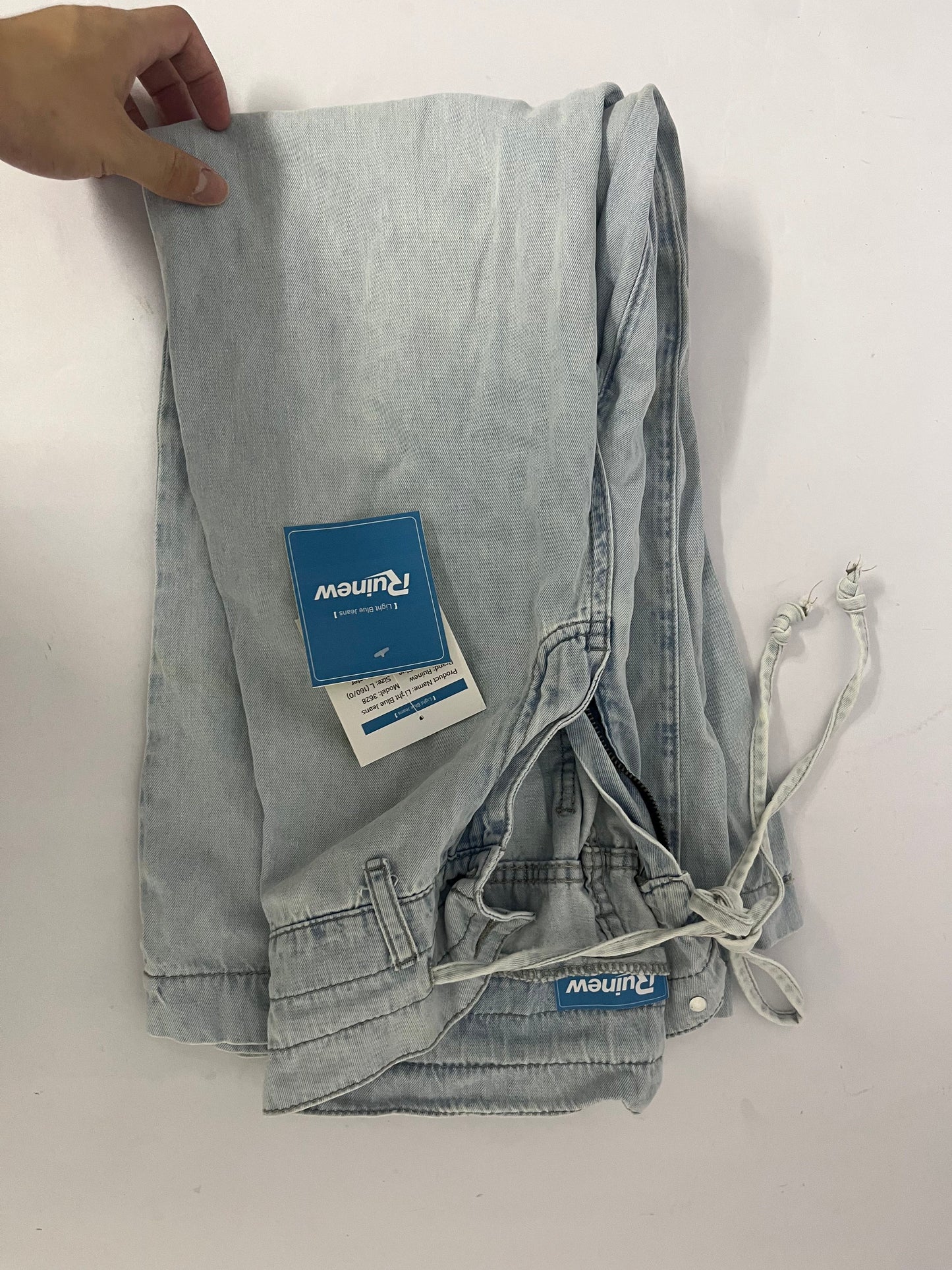 Ruinew Women’s Chic Stylish Mid Waist Wash Drawstring Stitch Detail Carrot Jeans