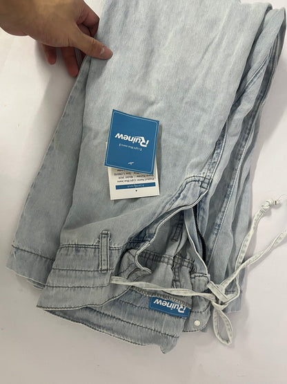 Ruinew Women’s Chic Stylish Mid Waist Wash Drawstring Stitch Detail Carrot Jeans