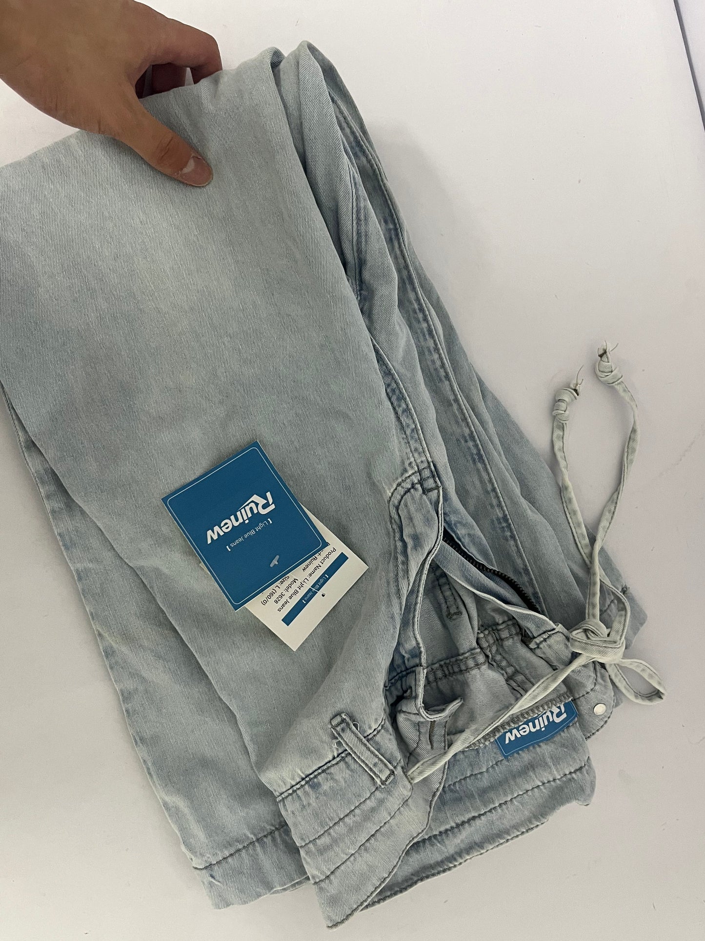 Ruinew Women’s Chic Stylish Mid Waist Wash Drawstring Stitch Detail Carrot Jeans