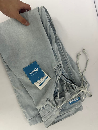 Ruinew Women’s Chic Stylish Mid Waist Wash Drawstring Stitch Detail Carrot Jeans