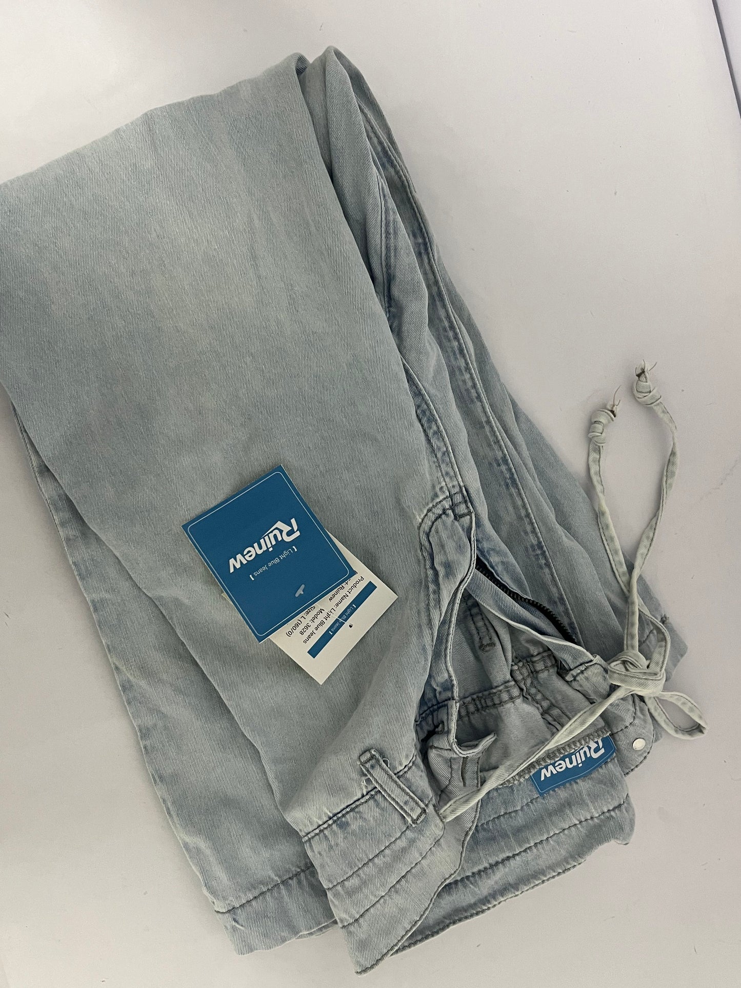 Ruinew Women’s Chic Stylish Mid Waist Wash Drawstring Stitch Detail Carrot Jeans