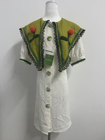 STYLENJOY Women's White Textured Dress with Green Knitted Shawl