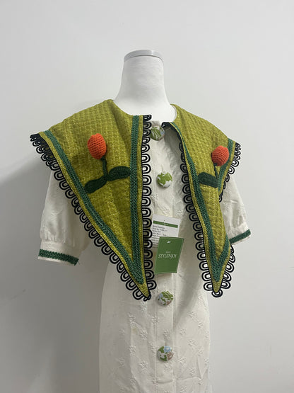 STYLENJOY Women's White Textured Dress with Green Knitted Shawl