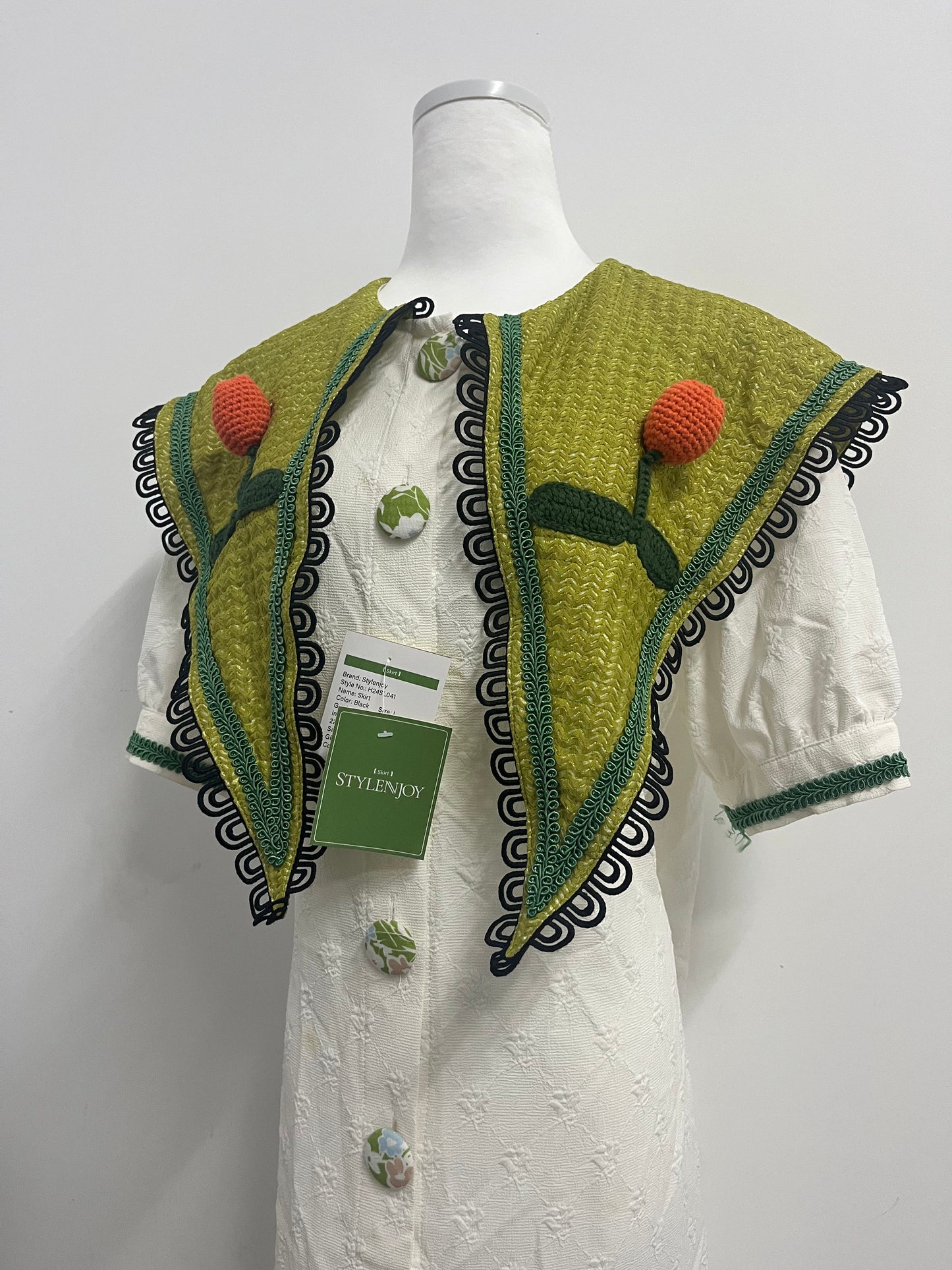 STYLENJOY Women's White Textured Dress with Green Knitted Shawl