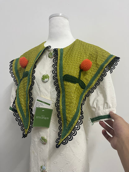 STYLENJOY Women's White Textured Dress with Green Knitted Shawl