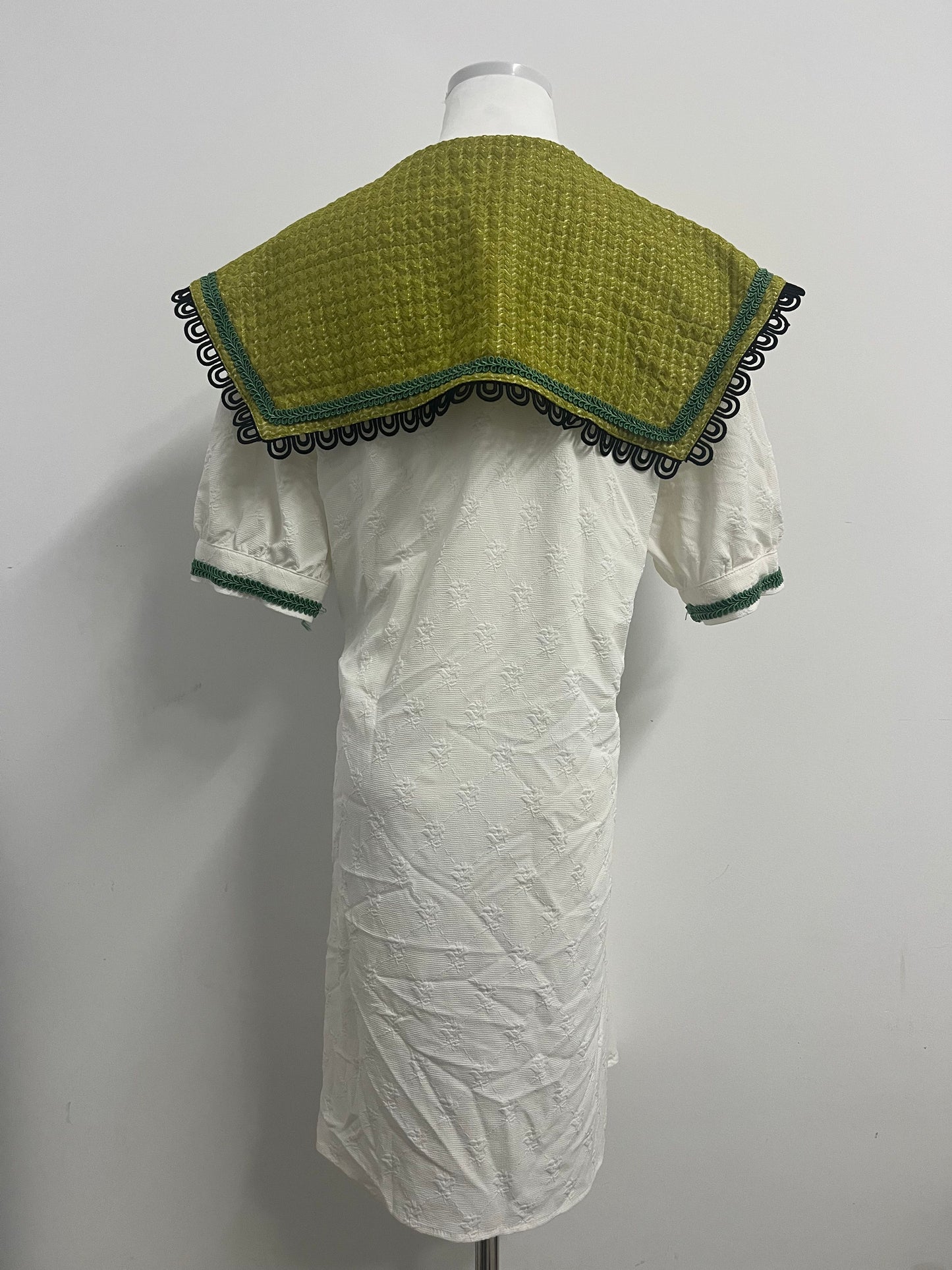 STYLENJOY Women's White Textured Dress with Green Knitted Shawl