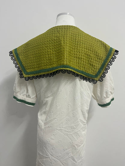 STYLENJOY Women's White Textured Dress with Green Knitted Shawl