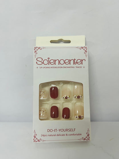 Sciencenter  False nails 24Pcs Fall Press on Nails Short, Square Fake Nails Wine Red Stick on Nails with Rose Flower Designs False Nails Autumn Acrylic Nails Glossy Glue on Nails for Women and Girls Fall Manicure Accessories