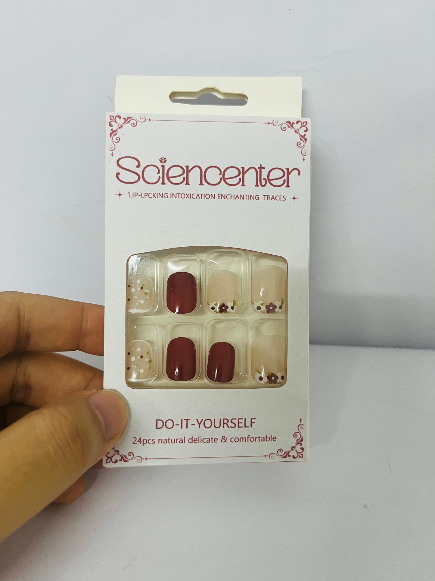 Sciencenter  False nails 24Pcs Fall Press on Nails Short, Square Fake Nails Wine Red Stick on Nails with Rose Flower Designs False Nails Autumn Acrylic Nails Glossy Glue on Nails for Women and Girls Fall Manicure Accessories