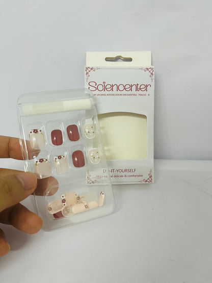Sciencenter  False nails 24Pcs Fall Press on Nails Short, Square Fake Nails Wine Red Stick on Nails with Rose Flower Designs False Nails Autumn Acrylic Nails Glossy Glue on Nails for Women and Girls Fall Manicure Accessories