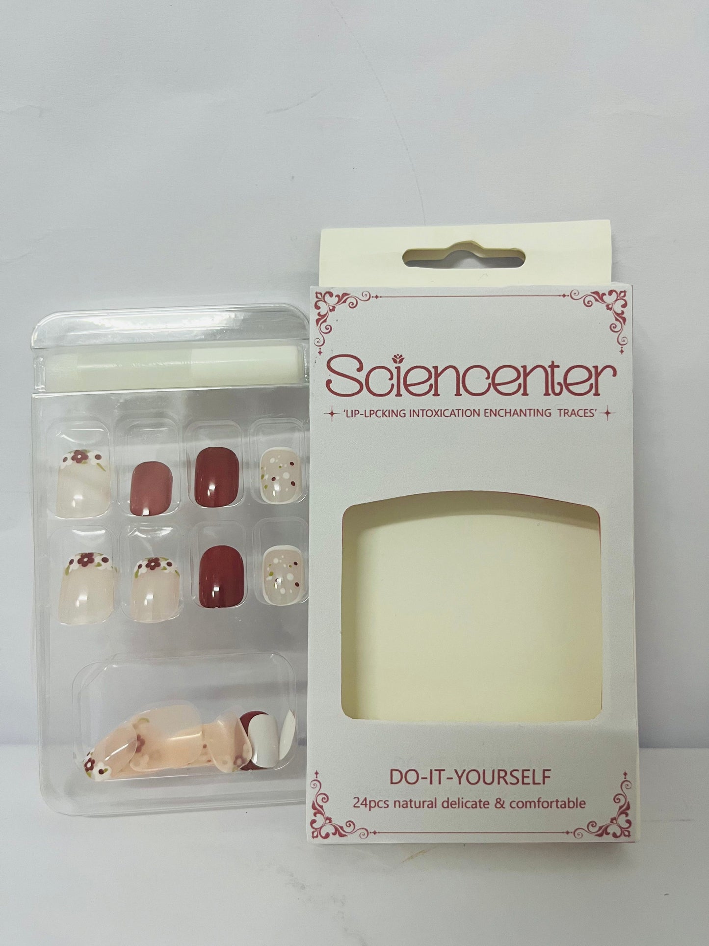 Sciencenter  False nails 24Pcs Fall Press on Nails Short, Square Fake Nails Wine Red Stick on Nails with Rose Flower Designs False Nails Autumn Acrylic Nails Glossy Glue on Nails for Women and Girls Fall Manicure Accessories