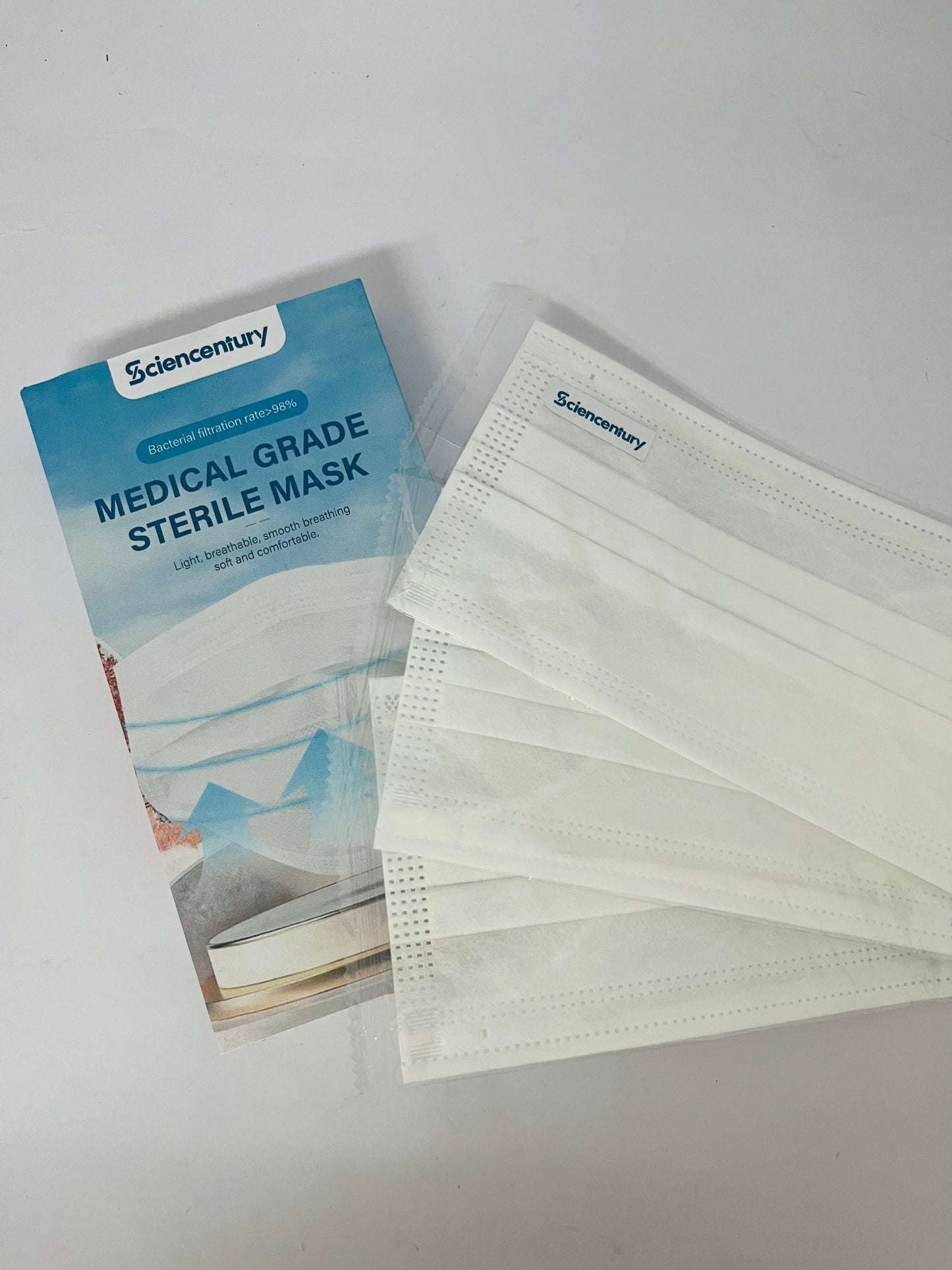 Sciencentury Medical Grade Sterile Face Masks - 98%+ Bacterial Filtration Efficiency (BFE), Breathable 3-Layer Design, Soft & Comfortable for Daily Protection