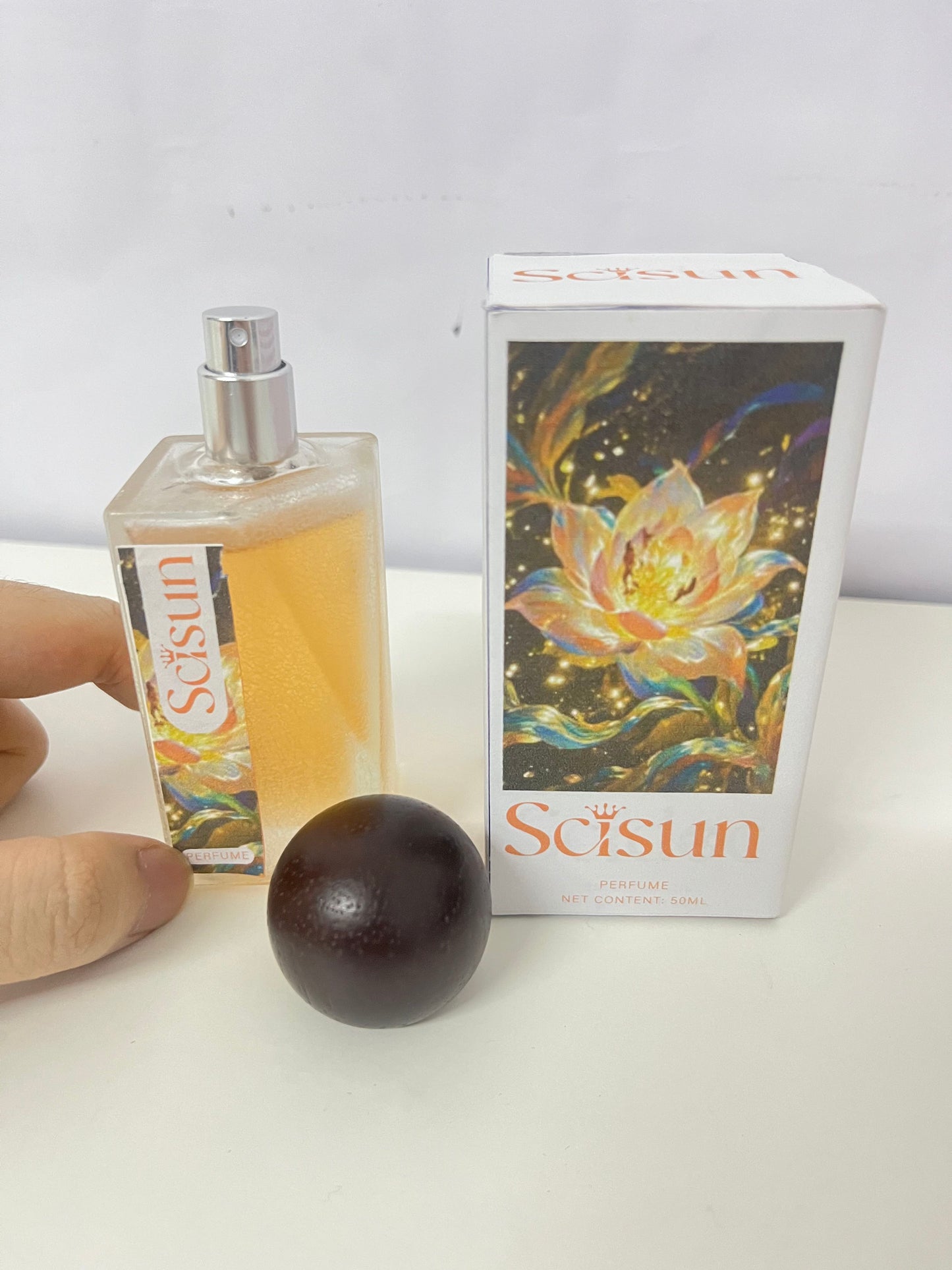 Scisun Floral Perfume - 50mL Frosted Glass Bottle with Dark Round Cap, Artistic Golden Floral Packaging, Long-Lasting Delicate Scent for Daily Use/Travel/Gifting