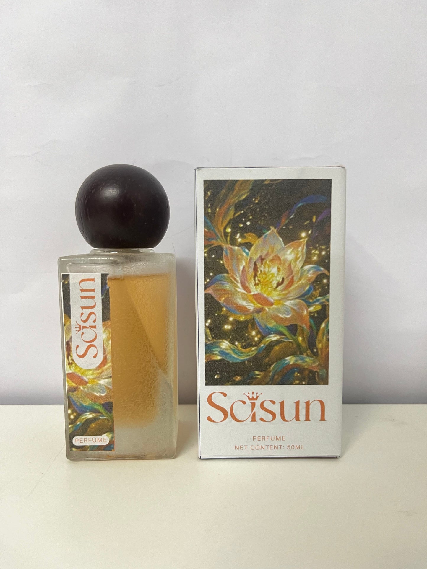 Scisun Floral Perfume - 50mL Frosted Glass Bottle with Dark Round Cap, Artistic Golden Floral Packaging, Long-Lasting Delicate Scent for Daily Use/Travel/Gifting