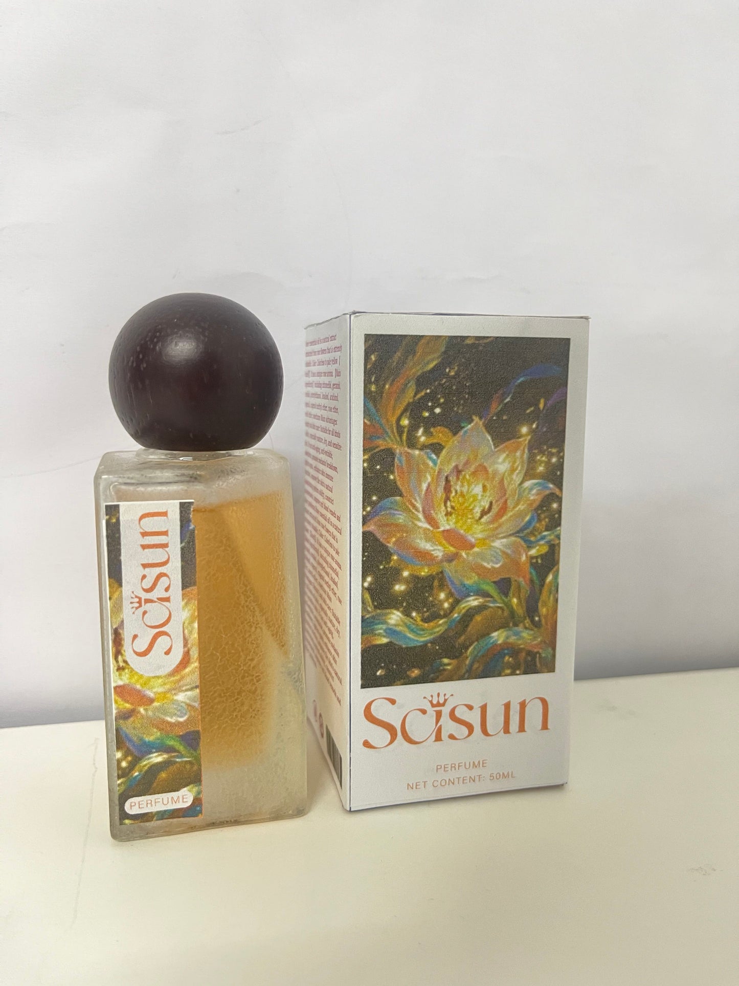 Scisun Floral Perfume - 50mL Frosted Glass Bottle with Dark Round Cap, Artistic Golden Floral Packaging, Long-Lasting Delicate Scent for Daily Use/Travel/Gifting