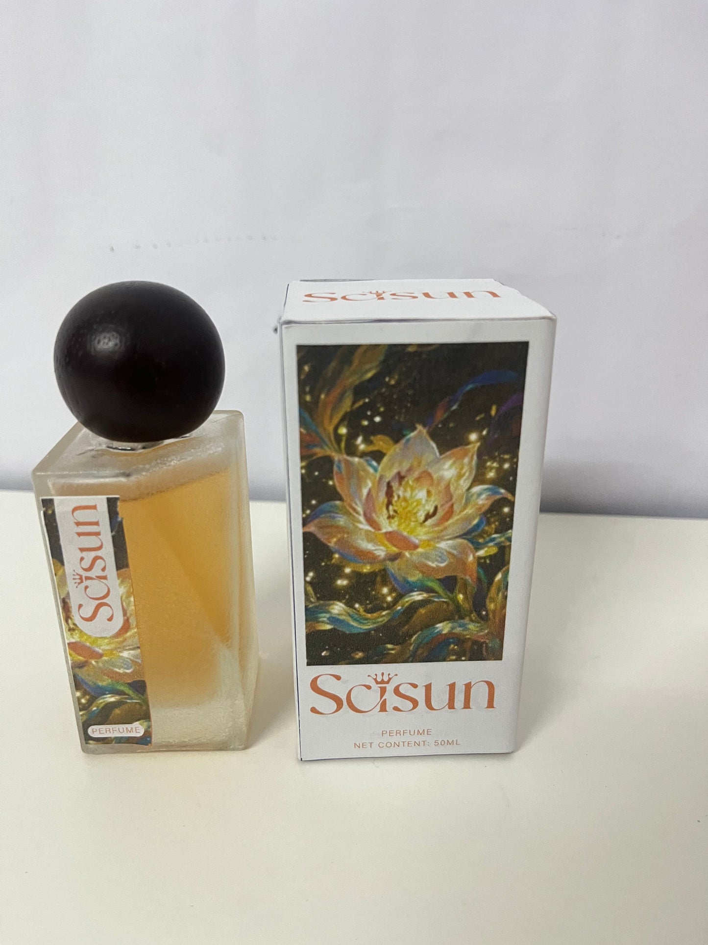 Scisun Floral Perfume - 50mL Frosted Glass Bottle with Dark Round Cap, Artistic Golden Floral Packaging, Long-Lasting Delicate Scent for Daily Use/Travel/Gifting