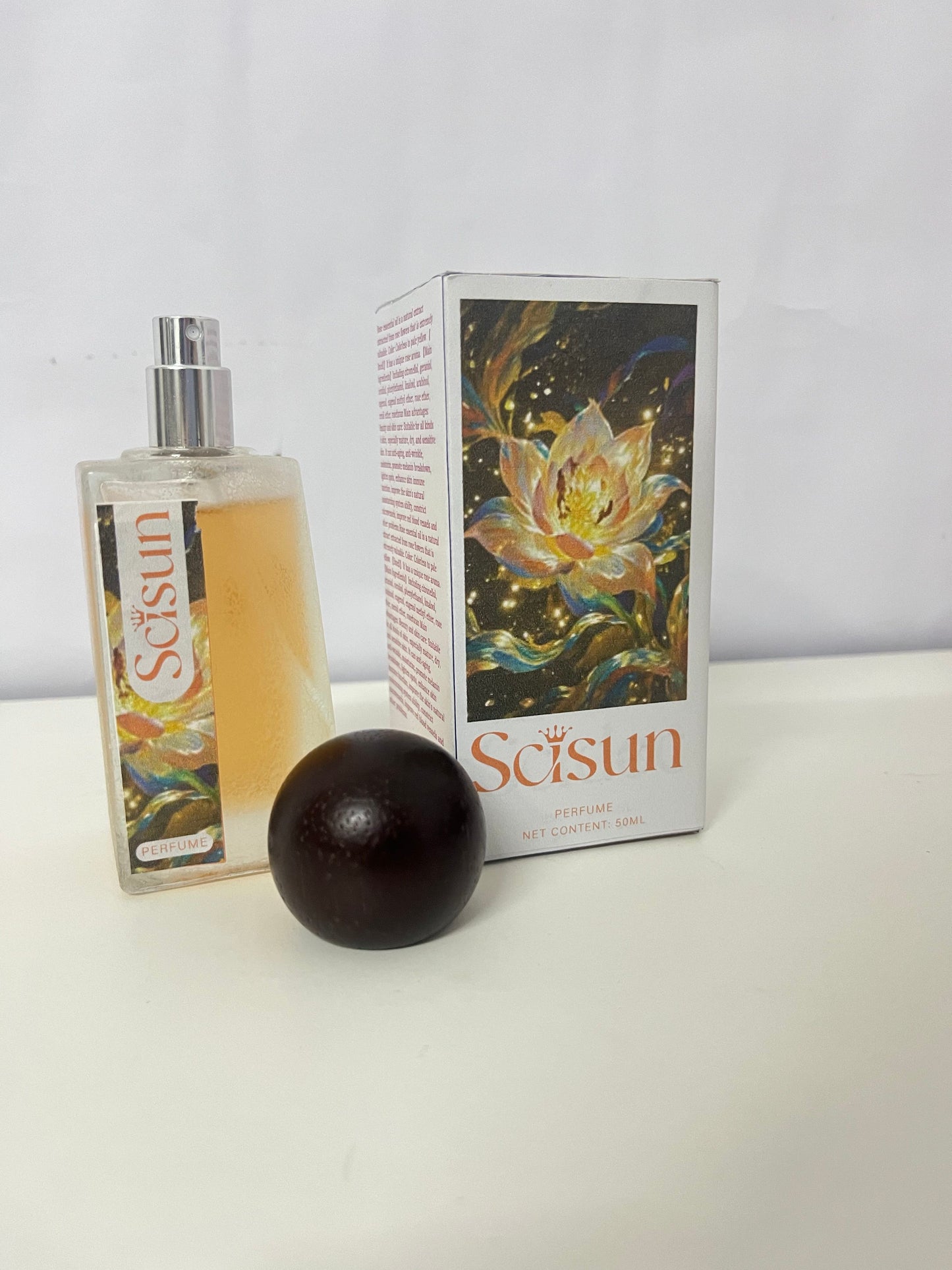 Scisun Floral Perfume - 50mL Frosted Glass Bottle with Dark Round Cap, Artistic Golden Floral Packaging, Long-Lasting Delicate Scent for Daily Use/Travel/Gifting