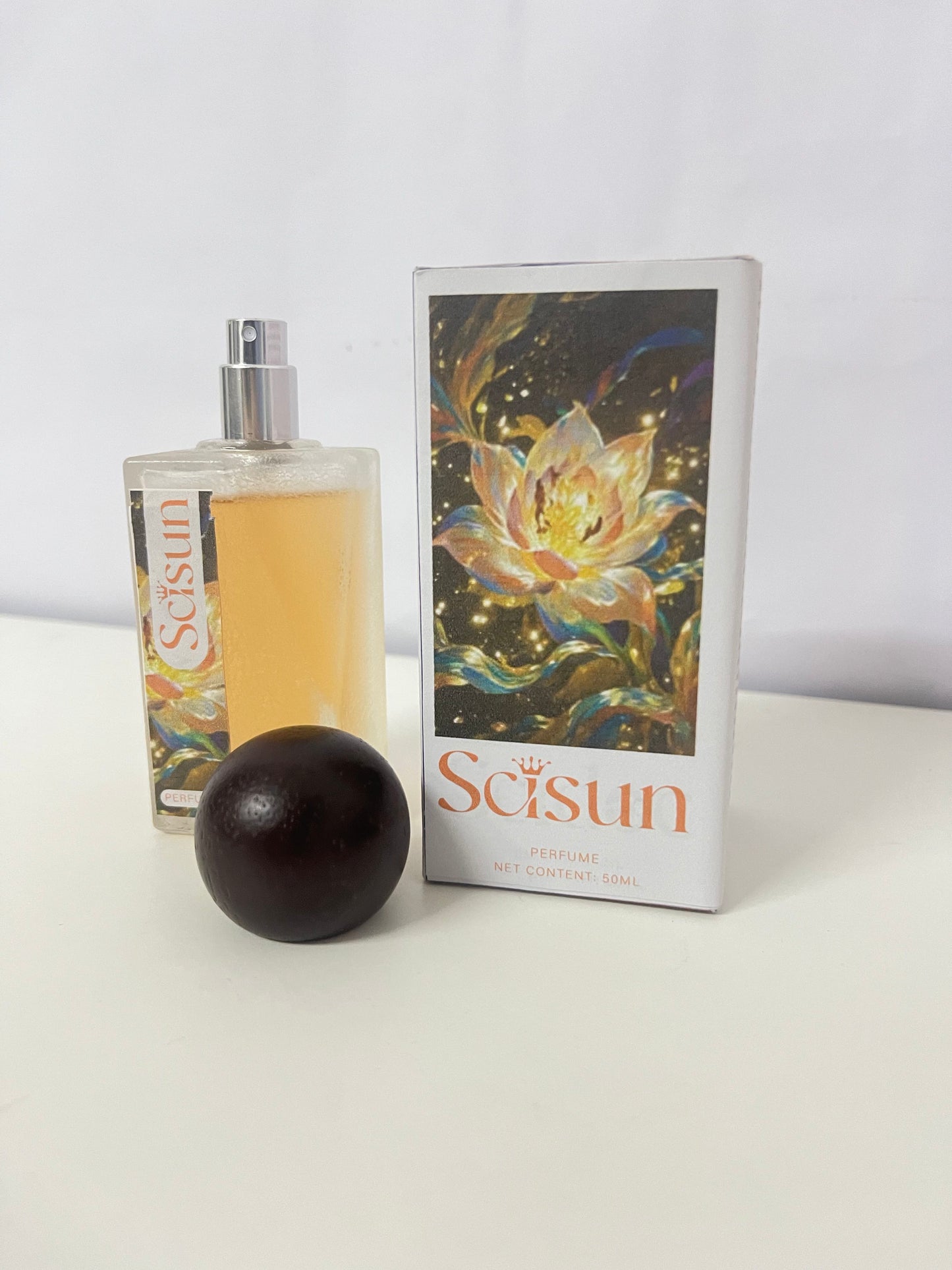 Scisun Floral Perfume - 50mL Frosted Glass Bottle with Dark Round Cap, Artistic Golden Floral Packaging, Long-Lasting Delicate Scent for Daily Use/Travel/Gifting
