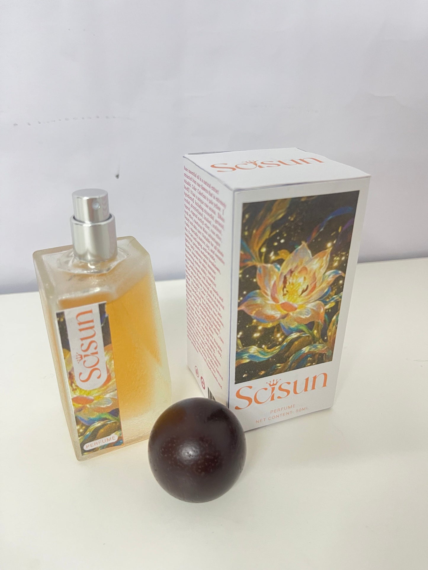 Scisun Floral Perfume - 50mL Frosted Glass Bottle with Dark Round Cap, Artistic Golden Floral Packaging, Long-Lasting Delicate Scent for Daily Use/Travel/Gifting