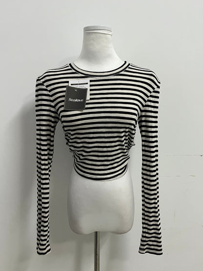 Sealove Fashion Black and White Striped Open-Back Tie-Up Cropped Long-Sleeve Top