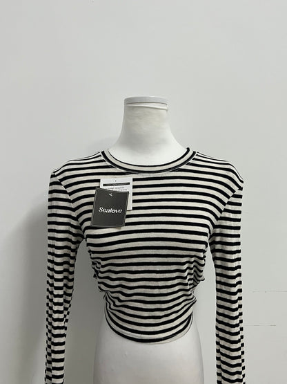 Sealove Fashion Black and White Striped Open-Back Tie-Up Cropped Long-Sleeve Top