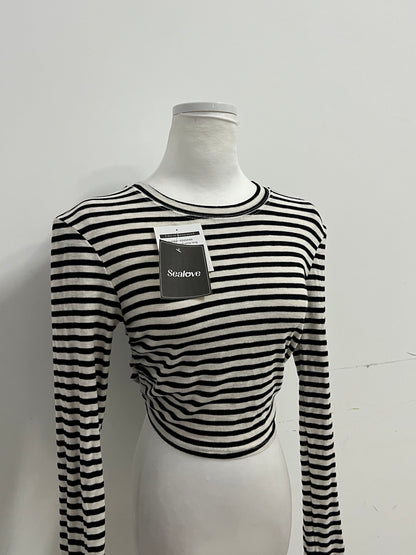 Sealove Fashion Black and White Striped Open-Back Tie-Up Cropped Long-Sleeve Top