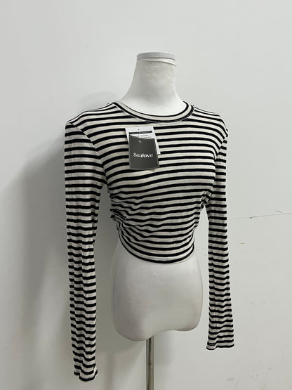Sealove Fashion Black and White Striped Open-Back Tie-Up Cropped Long-Sleeve Top