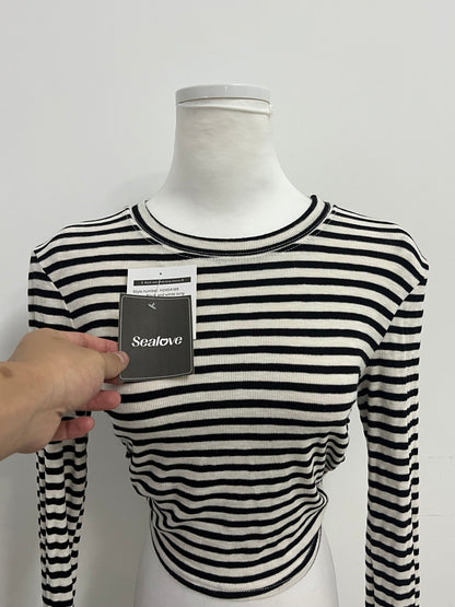 Sealove Fashion Black and White Striped Open-Back Tie-Up Cropped Long-Sleeve Top
