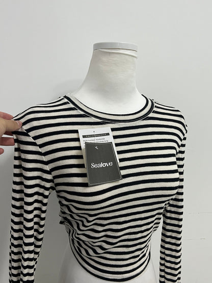 Sealove Fashion Black and White Striped Open-Back Tie-Up Cropped Long-Sleeve Top