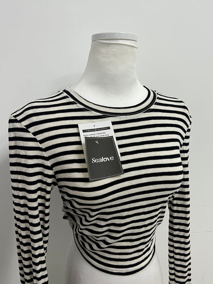 Sealove Fashion Black and White Striped Open-Back Tie-Up Cropped Long-Sleeve Top