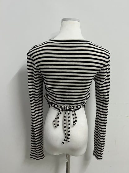 Sealove Fashion Black and White Striped Open-Back Tie-Up Cropped Long-Sleeve Top