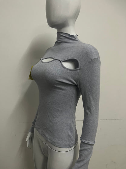 [Seamcity Long sleeve pullovers]-Light Gray Cutout Mock Neck Knit Top - Sexy Slim-Fit Long Sleeve Base Layer